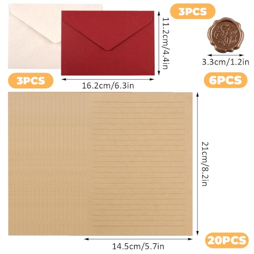 32 Stück Vintage-Papier Umschläge Briefpapier Set mit 20 Stück Schönes Briefpapier, 6 Wachssiegel-Aufkleber und Leinenumschlag Umschläge für Geburtstag, Hochzeits Einladung, Grußkarten, Liebesbrief