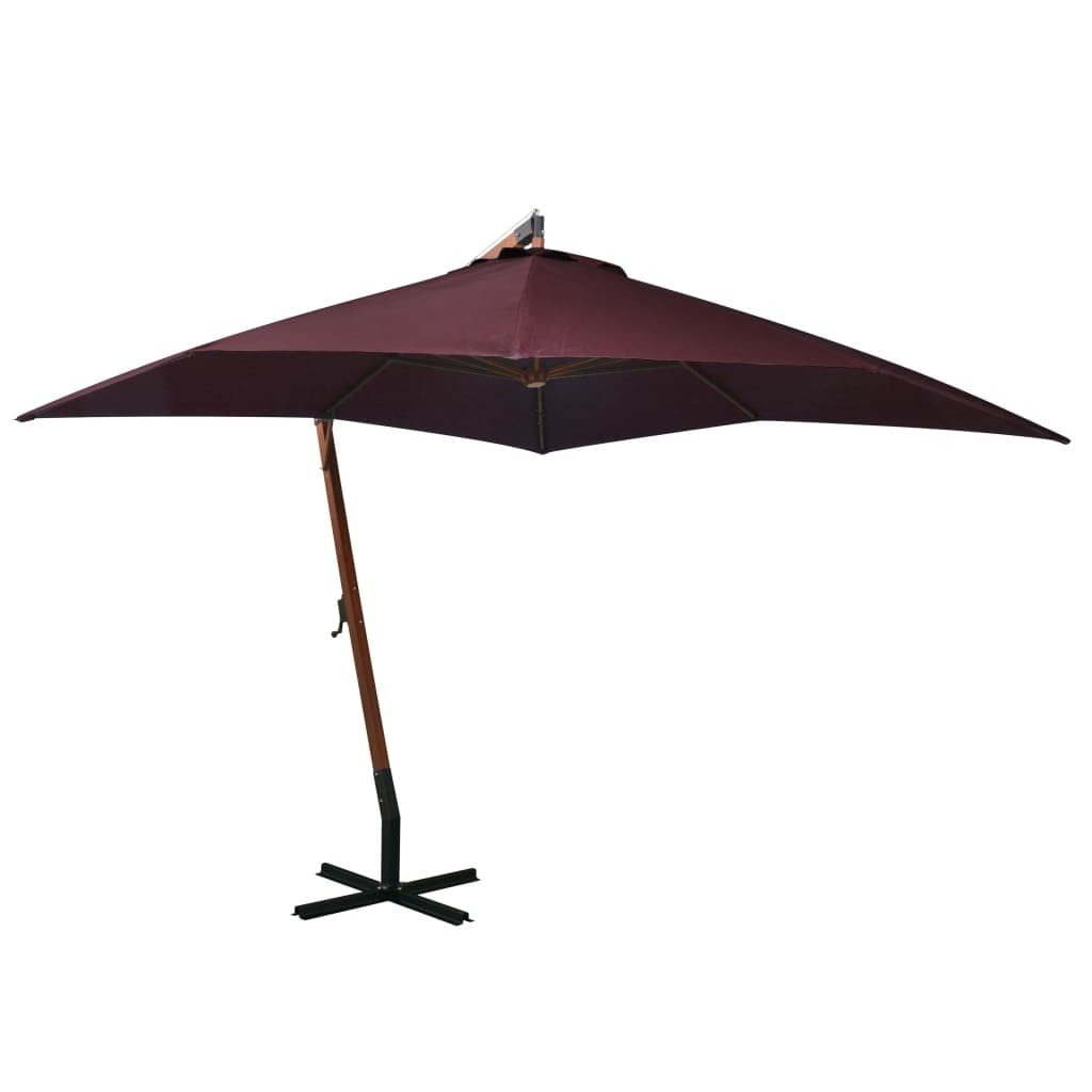 Parasol déporté bordeaux 3x3m en bois de sapin massif noble et mât excentré robuste