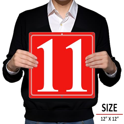 Image of Premium Aluminum Number Signs 11, Metal 12 inch X 12 inch Red Numbered Signs Outdoor for Parking Lots, Floor, Dock, Court, Aisle, Field, High Visibility, No Fade, Weather-resistant