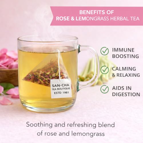 Image of Sancha Tea Boutique Rose & Lemongrass Herbal Infusion | Floral & Citrusy Caffeine-Free Tisane | 15 Biodegradable Pyramid Tea Bags