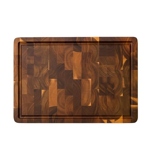 Matakumi Planche à Découper Bois - Planche de Cuisine en Bois d’Acacia avec Poignées Latérales, Rigole à Jus et Bois de Bout pour Préserver les Lames...