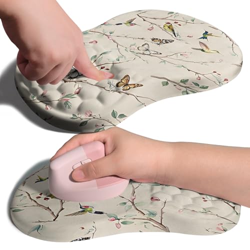 Image of Ergonomic Joint Wrist Support Mouse Pad with Memory Foam Cushion Massage Bump, Carpal Tunnel Pain Relief Mousepad Slope Design for Wrist Rest, 11.8x7.9 in, Butterfly Hummingbird