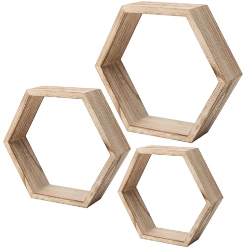 Yopption 3 estantes hexagonales montados en la pared, estantes flotantes, estantes de panal, estantes de madera montados en la pared, almacenamiento de granja, para sala de estar, dormitorio, cocina