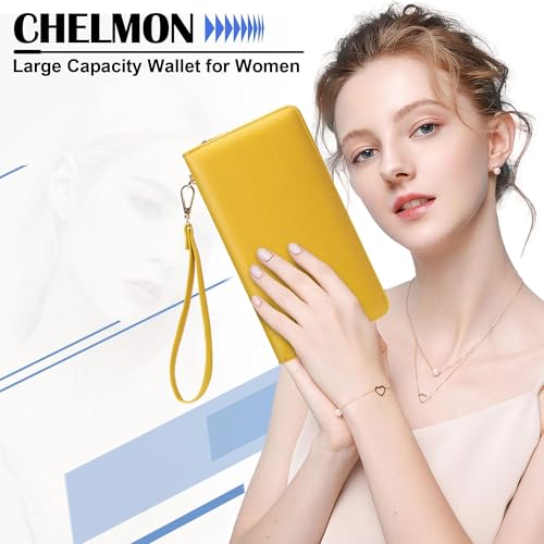Image of Chelmon Womens Wallet Geunine Leather RFID Blocking Purse Credit Card Clutch (Pebble Yellow)