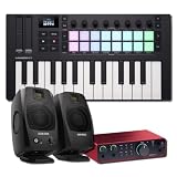 Novation Launchkey Mini 25 MK4 MIDI Keyboard Controller Bundle with ADAM Audio D3V Monitors and Focusrite Scarlett 2i2 Interface — Home Studio Kit for Music Production, Recording, Beat Making