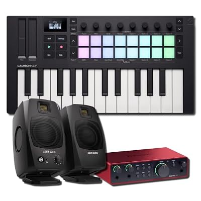 Novation Launchkey Mini 25 MK4 MIDI Keyboard Controller Bundle with ADAM Audio D3V Monitors and Focusrite Scarlett 2i2 Interface — Home Studio Kit for Music Production, Recording, Beat Making