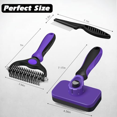 Image of Professional 3PCS Self Cleaning Slicker Brush & Pet Grooming Rake & Flea Comb for Dogs,Cats and Horses | Double-Sided Dematting Comb & Skin Friendly Deshedding Grooming Tool | Pet Supplies (Purple)