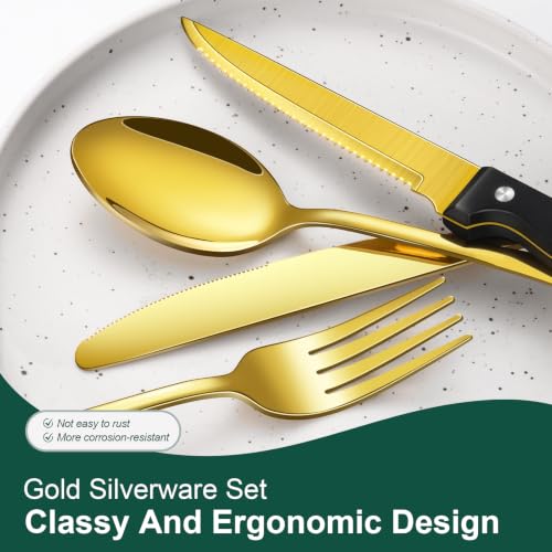 Image of 24-Piece Gold Silverware Set with Steak Knives Black Stainless Steel Flatware Set for 4 Food Grade Tableware Cutlery Set Rust-proof, Mirror Polished, Dishwasher Safe