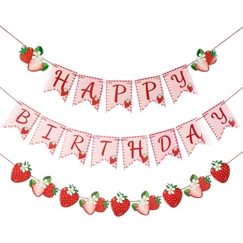 Paper Jazz Strawberry Hanging Banner Decorations，Red Fruit Banners Happy Birthday, Red Berry First Birthday Party Supplies for Baby Shower and Theme 1st Birthday,Strawberry Themed Party Favors. Cover