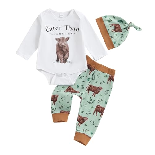 Image of Nibbcoa Baby Boy Western Clothes Funny Letters Print Long Sleeve Romper Cow/Horse Long Pants Hat Newborn 3Pcs Country Outfit (White, 0-3 Months)