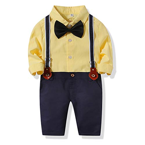 Baby Boys 2Pcs Gentleman Suit Outfits Clothes Set for Toddler Kids Newborn Bowtie Long Sleeve Shirt Tops+Suspenders Pants (Yellow, 12-18 Months)