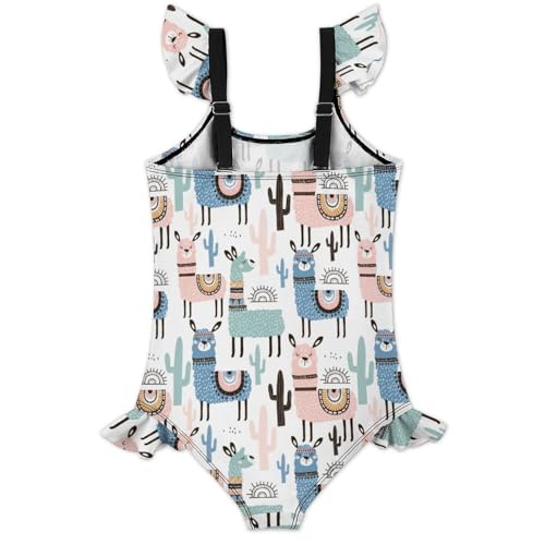 Image of Girls One Piece Swimsuit Cute Alpacas Hearts Stars Ruffles Swimwear Bathing Suits 3-12 Years