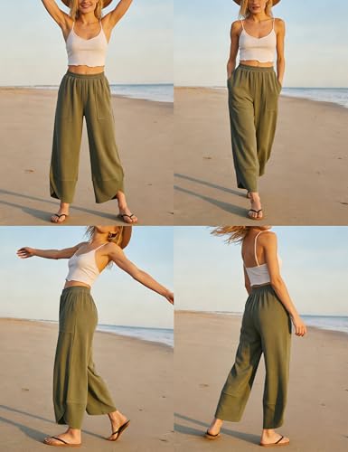Image of Himosyber Women Cotton Pants Wide Leg Pants Casual Loose Baggy Elastic Waist Beach Palazzo Harem Pants