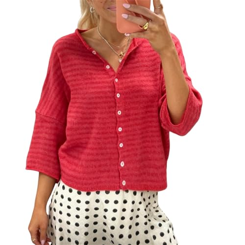 Image of Women Knitted Crop Cardigan Shirt Short Sleeve Button Down Ribbed Knit Crop Top Y2k Girls Outwear Top Tee Shirt