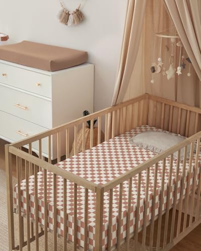Image of Blissful Diary Muslin Crib Sheets, 2 Pack, Brown Checkboard & Brown | fitted for 52''x28'' crib mattress, soft and breathable cotton, boho style, easy care for machine wash, gift for boy and girl