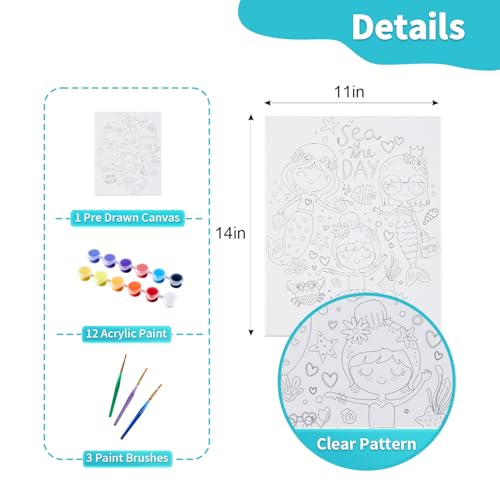 11x14 Pre Drawn Canvas Painting Kit, Mermaid Ocean Theme Outline Stretched Canvas, 12 Acrylic Paint Pots & 3 Brushes, DIY Beginner Art Craft Set, 1 Pack — view 2