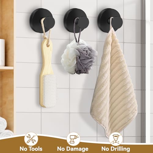 TACGEA Suction Cup Hooks for Shower, Wreath Hangers for Front Doors, Removable Towel Hooks for Bathroom Window Glass, Powerful Vacuum Shower Hook for Towel, Robe, Loofah - 2 Pack, Black — view 3
