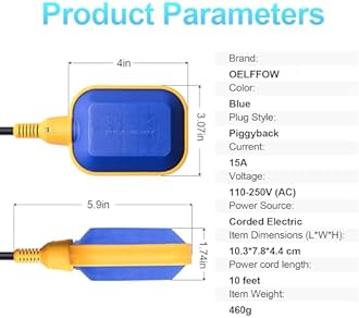 Sump Pump Universal Tethered Float Switch AC 15A 110~250V Piggyback Style Plug with 10 Feet Cord, Used in Sewage Pump, Water Tank, Septic Tank Pump, etc.