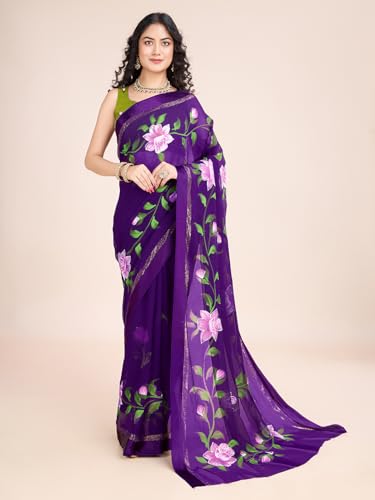 Image of Women Hand Painted Saree |Women's Georgette Printed Saree With Unstitched Blouse Piece
