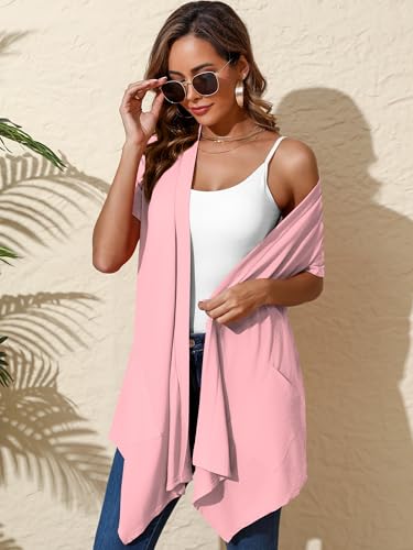 Image of Women's Lightweight Open Front Cardigans Short Sleeve Casual Soft Sheer Cardigan S-2XL with Pockets