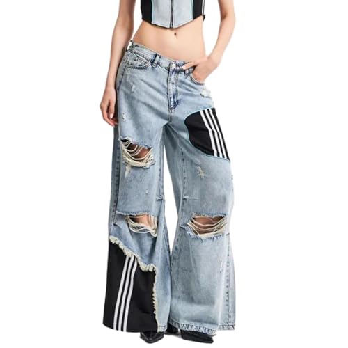 Molilove Women's High Rise Jeans Patchwork Ripped Jeans Baggy Y2k Straight Wide Leg Jeans Flare Casual Denim Pants