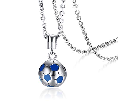 Joielavie  Collar con colgante de balón de fútbol bicolor azul y plateado, de acero inoxidable, unisex, ideal como regalo