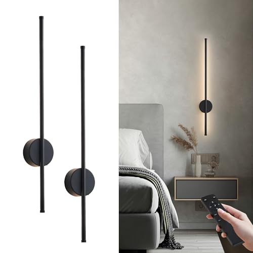Image of Battery Operated Modern Wall Sconces, Dimmable Wireless Wall Light Set of Two with Remote Control, 3 Color Temperatures, Rechargeable LED Wall Sconce for Bedroom, Living Room, Hallway, 27.6 Inch Black