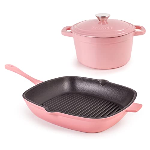 BergHOFF 3Pc Neo Enameled Cast Iron Cookware Set, 3qt. Dutch Oven, Matching Lid, Square Grill Pan 11 Inches, Oven Safe Up To 400°F, Pink