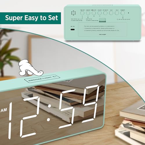 Image of Peakeep Digital Clock, Alarm Clock Battery Backup Powered for Bedrooms - Mirror Face Large Numbers 6 Dimmers for Seniors, Super Loud for Heavy Sleepers (Aqua)