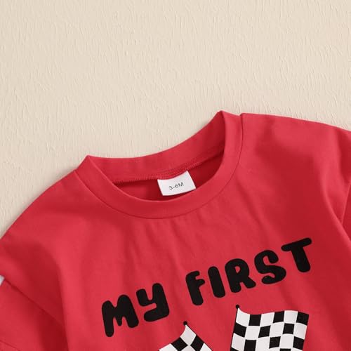 KMBANGI My First Racing Season Outfit Newborn Baby Boy Girl Short Sleeve Race Car Checkered Flag Romper Infant Clothing 0-18M4