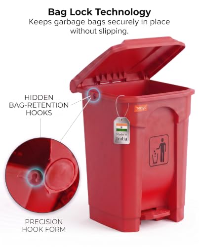Image of pedal dustbin with lid, heavy duty plastic garbage bin, hands-free step-on waste bin for kitchen, office, home, hotel, bathroom & outdoor use (Mystic Red, 35 Liters)
