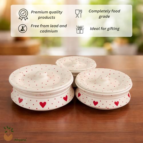 Image of Niyara Red Heart Design Ceramic Casserole with Lid | Multipurpose Serving Bowl | Microwave Safe Serveware (Set of 3, Sizes: 1000ML, 650ML, 550ML)