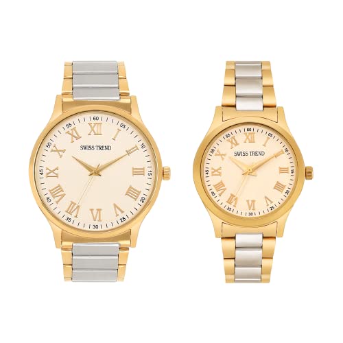 Image of Swiss Trend Analogue Men & Women's Watch (White Dial Silver & Gold Colored Strap) (Pack of 2)