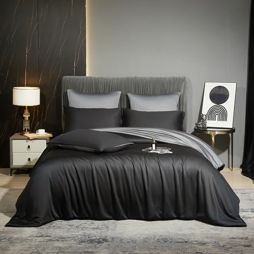 Luowei Sommer Bambus Bettwäsche 135×200 cm Schwarz Grau Weich Kühlend Atmungsaktiv Bettbezug Set aus 100% Bambus Lyocell Oeko-TEX Bettwäsche mit Reißverschluss und 1 Kissenbezug 80×80 cm