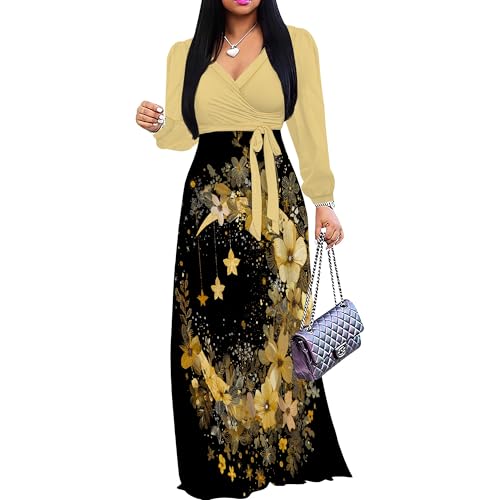 Image of PinkPatty Plus Size Dresses for Curvy Women V Neck Flowy Long Sleeves Wrap Maxi Dress Travel Vacation Outfits