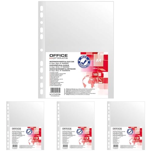 OFFICE PRODUCTS Fundas transparentes para folletos, A4, 100 unidades, apertura superior, fundas transparentes de plástico perforadas, transparente de 60 micras, borde reforzado (Paquete de 4)
