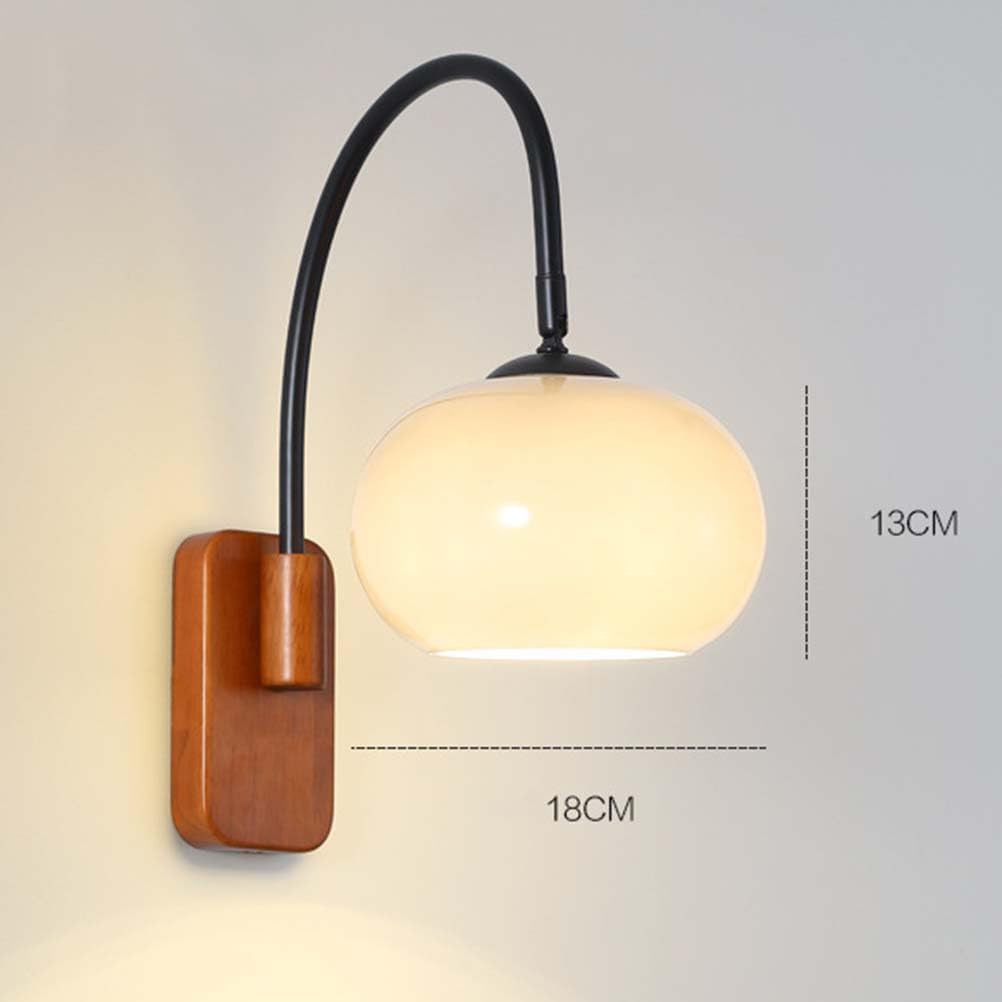 Drewniana lampa ścienna, regulowana, wewnętrzna, retro, ścienna lampa E27, obrotowa, vintage, industrialna lampka nocna z okrągłym szklanym kloszem, lampa ścienna do czytania, do sypialni, salonu, ho