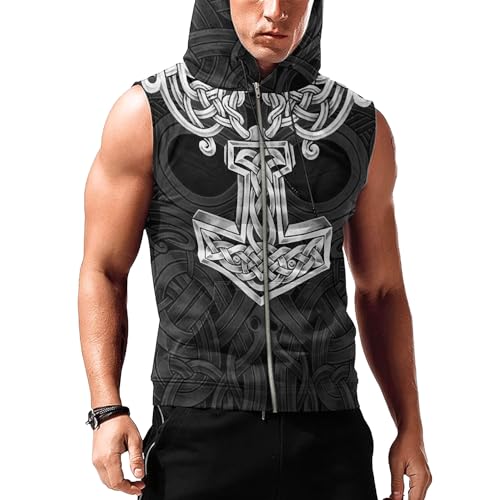 365CUSGIFTS Viking Odin Mjolnir Workout Hooded Tank Tops Sleeveless Gym Training Zip Hoodies Bodybuilding Muscle Cut Off Zip Hoodies for Men - L
