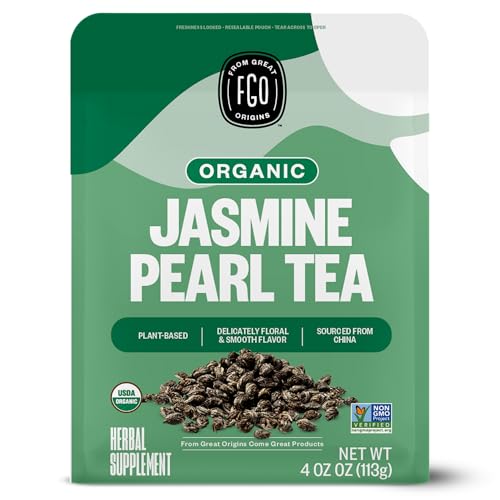 Image of FGO Organic Jasmine Pearl Green Tea, Four Ounce, Loose Leaf, Resealable Bag, Packaging May Vary (Pack of 1)