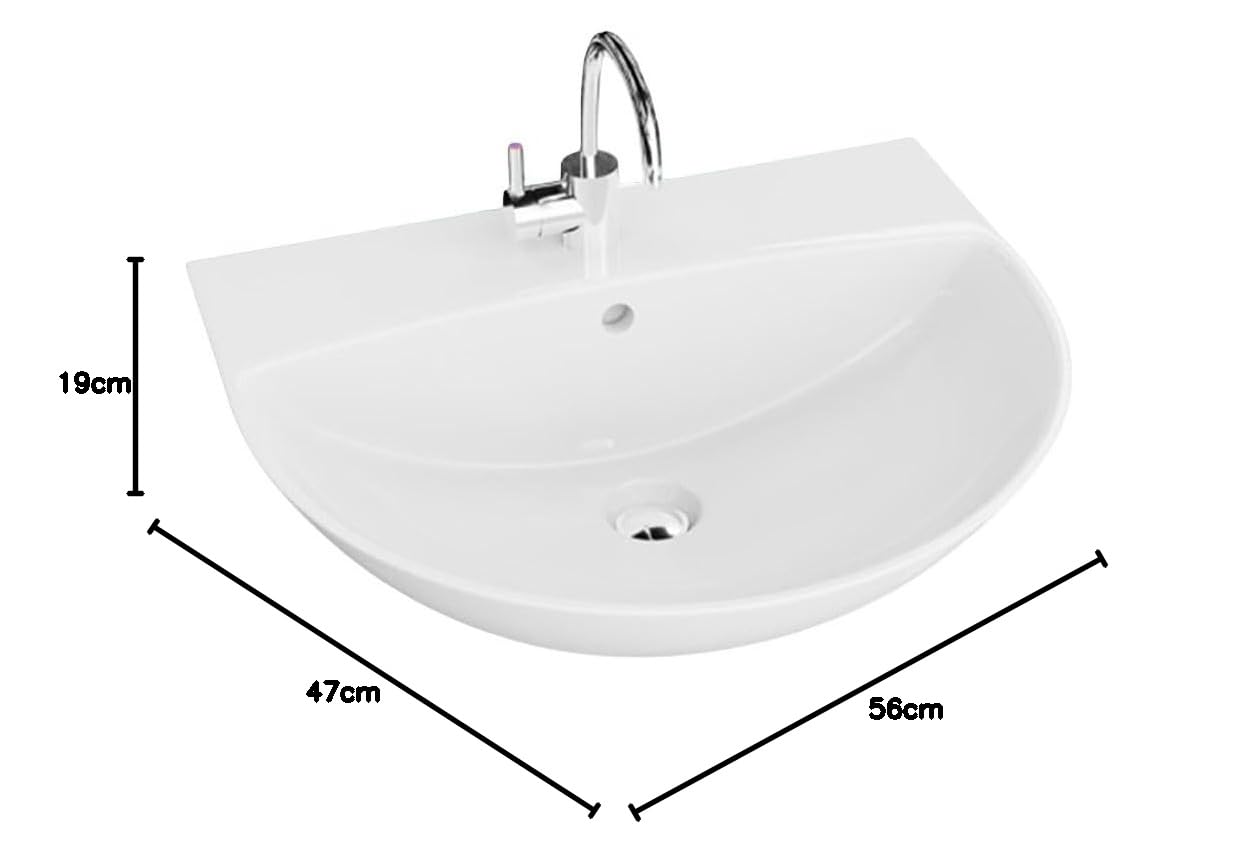 LAVITA Lavabo sospeso Corel, lavabo sospeso, lavabo rotondo, lavabo con troppopieno e foro per rubinetto, ceramica di alta qualità, bagno, 56 x 47 x 19 cm, bianco lucido