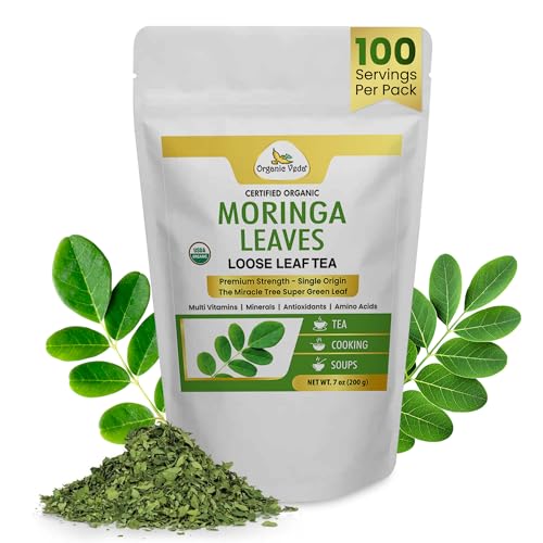 Organic Veda Moringa Tea Leaves – True Green Antioxidants Rich, Premium Single Origin,100% Organic Moringa Oleifera Loose Leaf Tea, Baking, Soup Powder – Boosts Energy, Digestion, Focus – 7oz