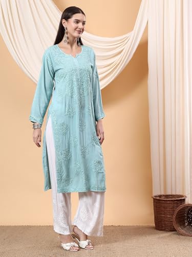 Image of POSHAK CHIKAN STUDIO Women's Hand Embroidered Lucknowi Chikankari Modal Straight Long Kurta, heer