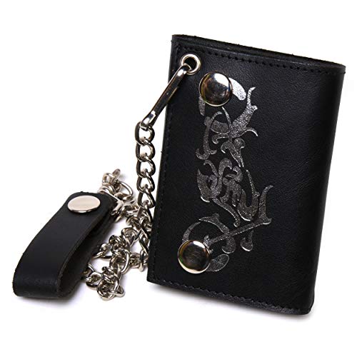 Leatherboss Genuine Leather Trifold Designer Motorcycle Biker Chain Wallet Credit Card Cash with ID Holder, Black