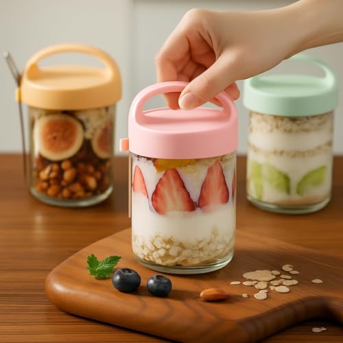 Image of Zephorus Overnight Oats Glass Jar with Lid and Spoon Portable Mason Oatmeal Container Breakfast Cup | Large Kitchen Storage for Healthy - Fruit, Milk, Salad, Nuts, Yogurt (Multicolor, pack of 1)