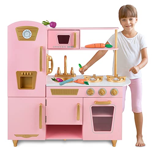 Kids House Cocina de Madera Elite Pink, Cocina de Juguete para Niñas Color Rosa con Dorado, Detalles de Lujo y Amplios Espacios para Almacenar y Cocinar