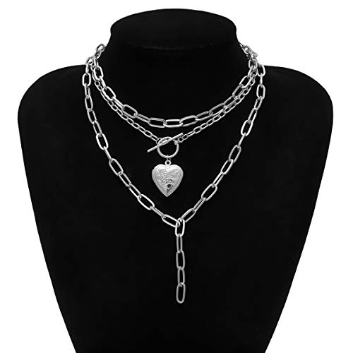 AILUOR Cool Punk Chunky Chain Statement Necklace for Women Heart Shaped Photo Locket Pendant Layered Choker Necklace Jewelry3