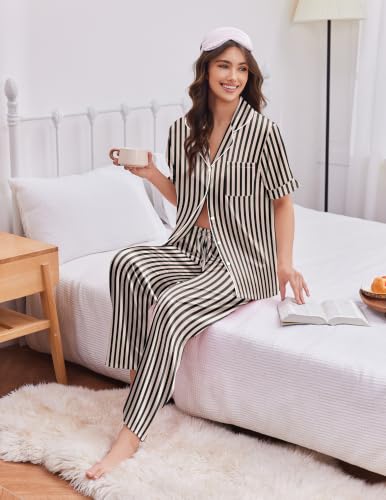 Image of Ekouaer Silk Satin Pajamas for Women Set 2 Piece Short Sleeve Button Up Pjs | Two Side Pockets,Soft Bridesmaid Lounge Set,Bridal Ruffle Sleepwear,Wedding Party,Honeymoon Vacation,Postpartum