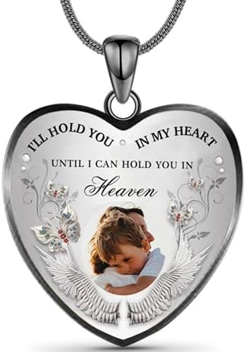 Drawelry Personalized Photo Necklace Custom I Will Carry You with Me Picture Memory Pendant Heartshape With Wings Memorial Snake Chain Necklace Pendant Valentine's Jewelry Gifts for Men Women Him Her Mom (Black Heaven)
