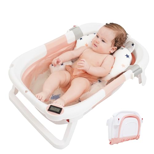 Image of Collapsible Baby Bathtub for Newborn,Baby Bath Tub with Soft Cushion & Real-Time Thermometer, Portable Travel Baby Tub for Infants to Toddler for Baby 0-36Month,Pink