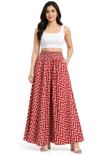 Image of Women's Printed Viscose Crepe Flared Palazzo Pants with Pockets | Elastic Waist | Full Length | Casual | Free Size